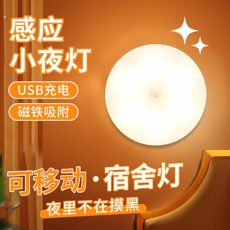 圆形小夜灯磁吸充电卧室床头厕所楼梯书桌睡眠护眼可调亮度节能灯