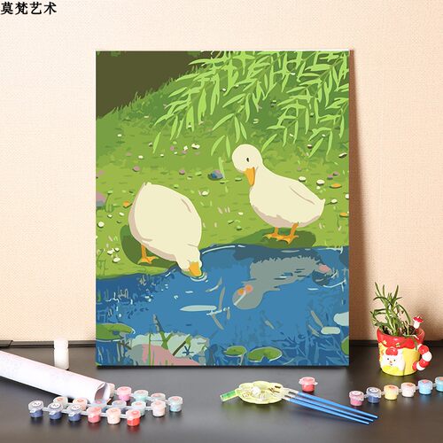 数字油画d治y手工填充小鸭子戏水手绘i愈童年涂童房儿色油彩画画