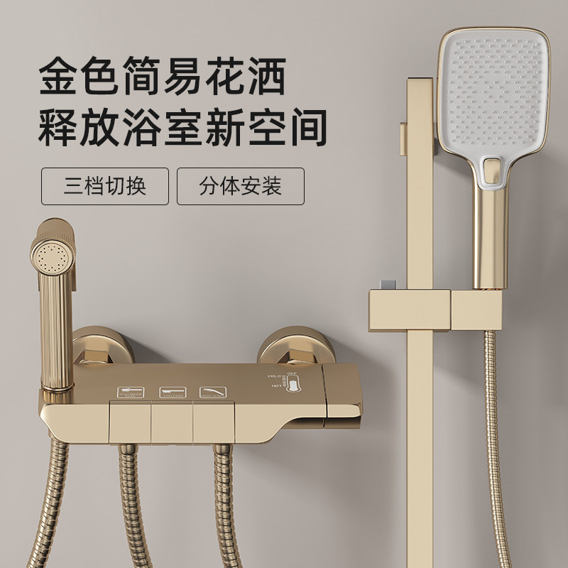 简易花洒家用淋浴套装金色恒温花晒头分体式洗澡增压浴室铜沐浴器