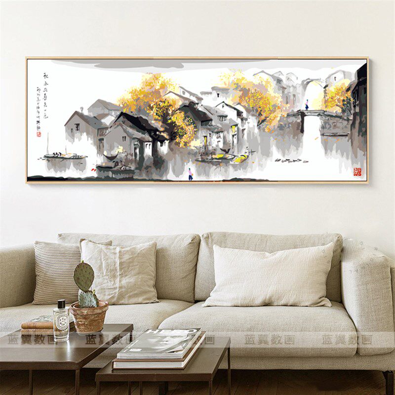 江南烟雨大幅横版d风y填色数字油画中式风景厅国i客中装饰画古风