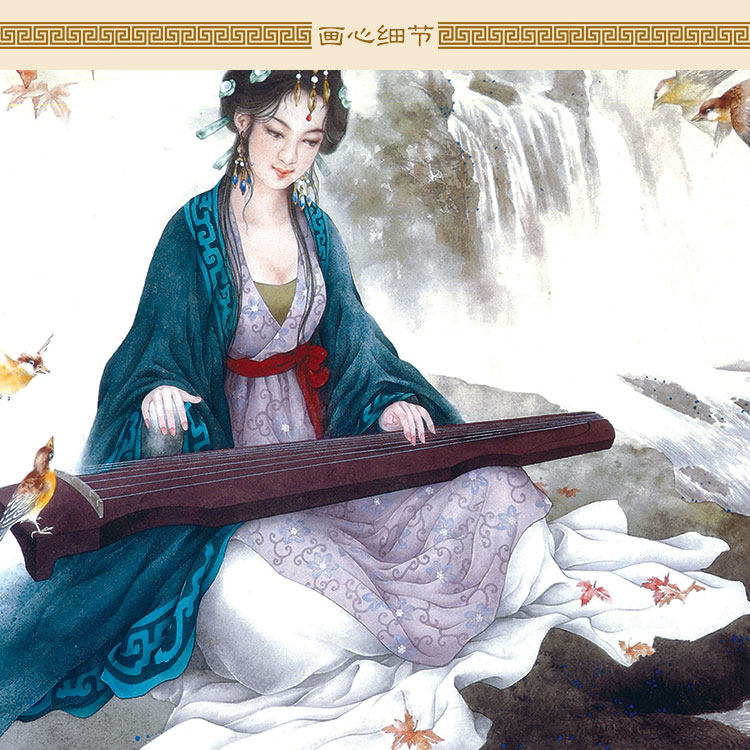 仕女抚琴图 古筝弹琴人物画像卷轴挂画 中式复古装饰字画定制订做