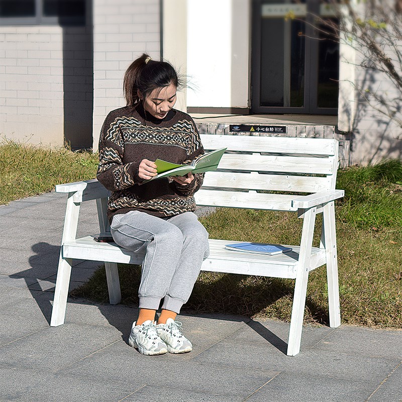复古白色花园实木休闲椅户外靠背椅阳台庭院咖啡花店街道网红长椅