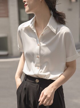 白色短袖衬衫女职业正装大学生面试小众法式上衣女夏气质缎面衬衣