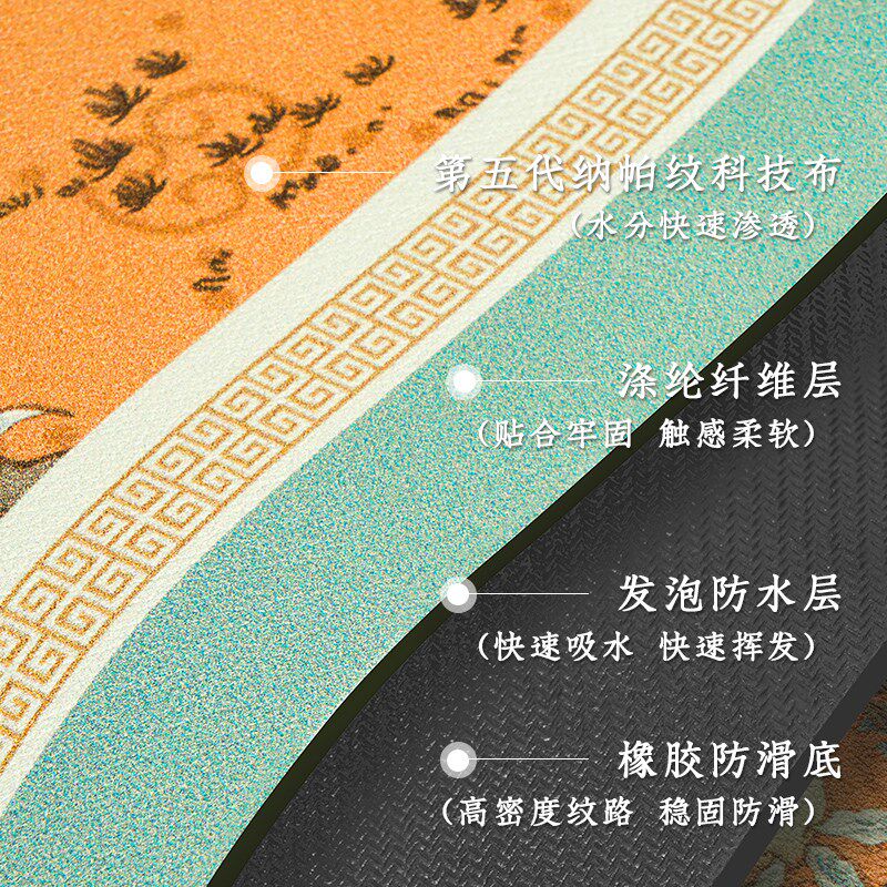 新中式厨房吸水地垫中国风硅藻泥防滑可擦耐脏踩脚垫家用地垫桃锦