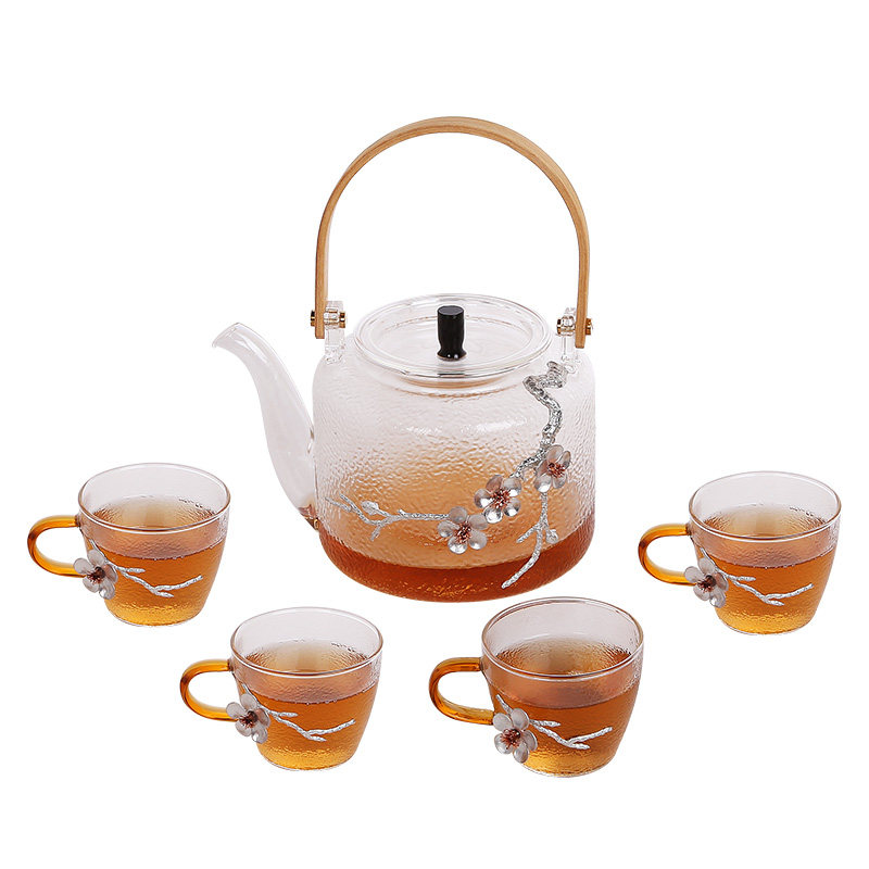 玻璃茶壶日式个性镶梅花图大号煮茶壶烧水壶功夫茶具家用玻璃茶壶