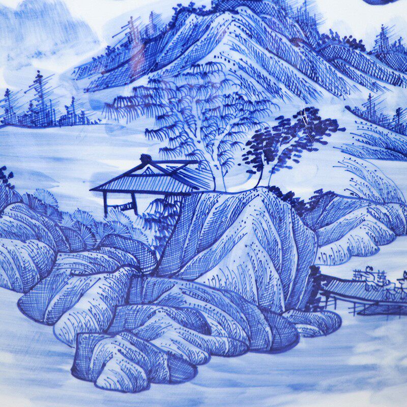 手绘青花山水陶瓷鱼缸90厘米 1米大水缸大荷花缸碗莲缸乌龟缸庭院