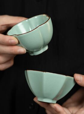汝窑主人杯铁胎开片可养中式陶瓷花瓣茶杯个人专用茶盏收藏家用
