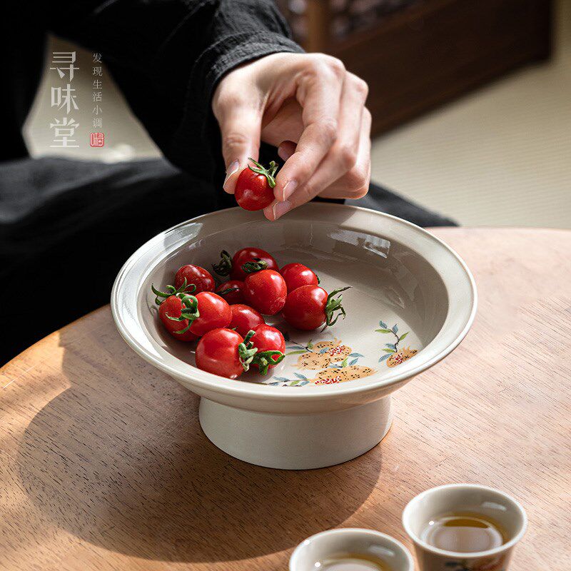 草木灰秘色高脚茶点盘国风糕点零食盘复古中式果盘家用陶瓷茶具