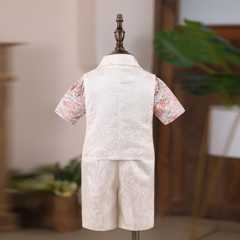 男童礼服短袖夏季儿童主持人花童马甲西装套装走秀钢琴演出服白色