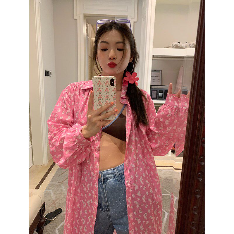 落落狷介春日碎花裙粉色长袖碎花衬衫连衣裙2024新款小个子衬衫裙