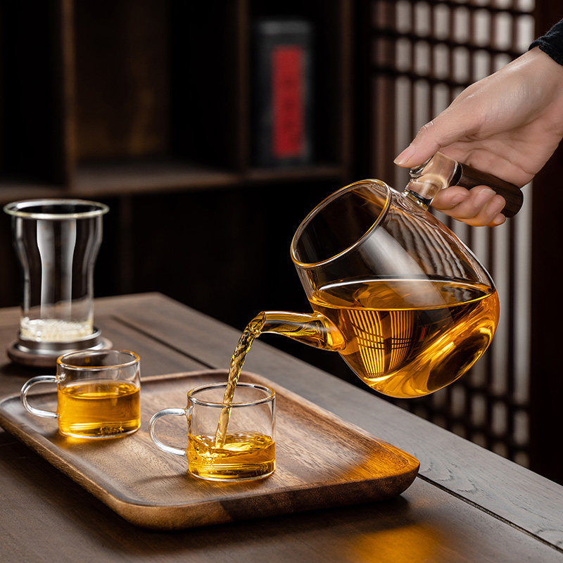 玻璃杯茶水分离泡茶杯带把胡桃木家用泡茶器普洱红茶具功夫泡茶壶
