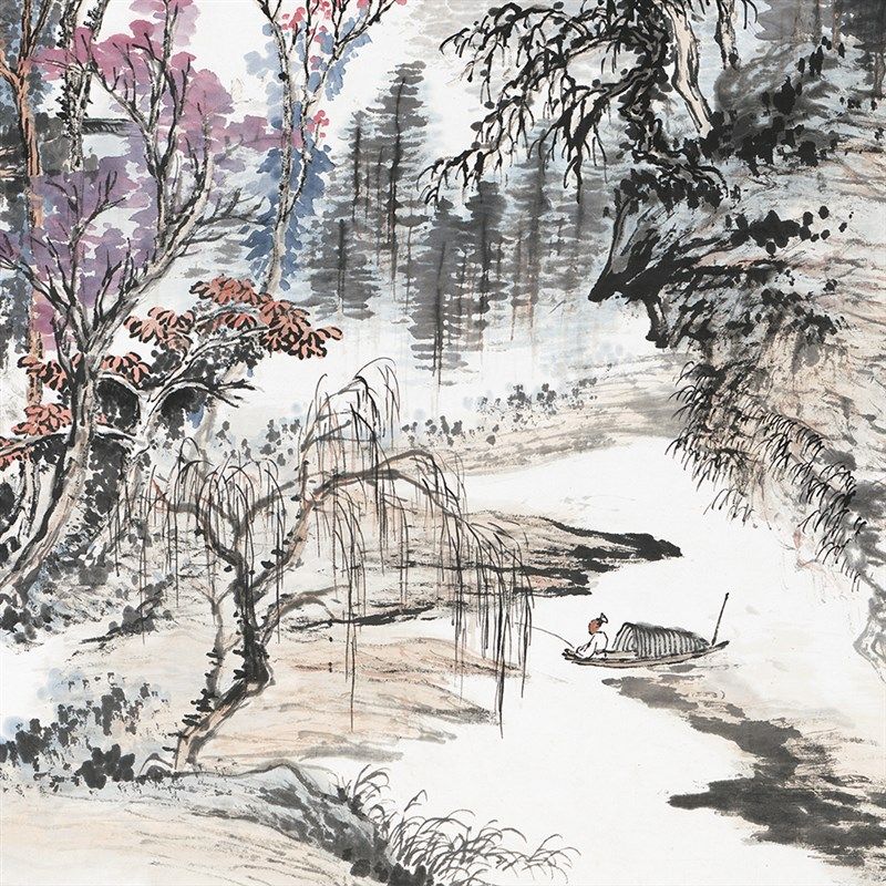 郑午昌红树青山好放船 国画画心装饰画 名人字画宣纸高清微喷画芯