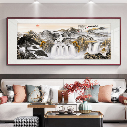 迎客松挂画国画山水画客厅装饰画新中式公室沙发背景墙手绘壁画