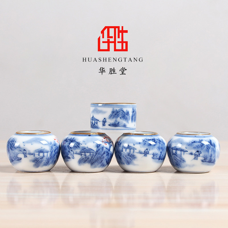 华胜堂 景德镇手绘青花描金口山水五件套红子罐鸟食罐 鸟笼配件