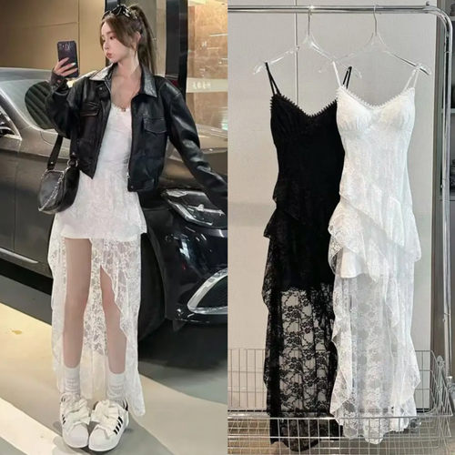 法式荷叶边不规则蕾丝吊带连衣裙女春夏海边度假纯欲性感显瘦长裙