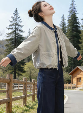 复古拼接长袖牛仔外套女2026春秋新款时尚百搭宽松休闲冲锋衣上衣