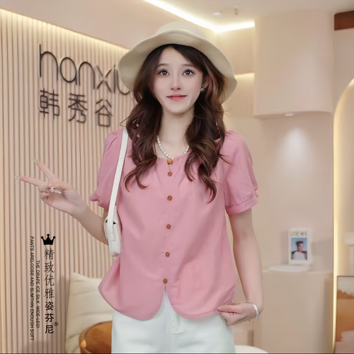 法式时尚泡泡短袖衬衫女士夏季新款宽松遮肚子衬衣小个子洋气上衣