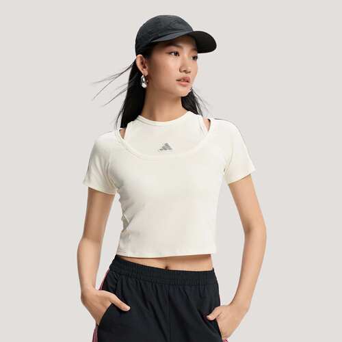 阿迪达斯劲浪三条纹舞动系列修身短款运动短袖恤女款KR7606
