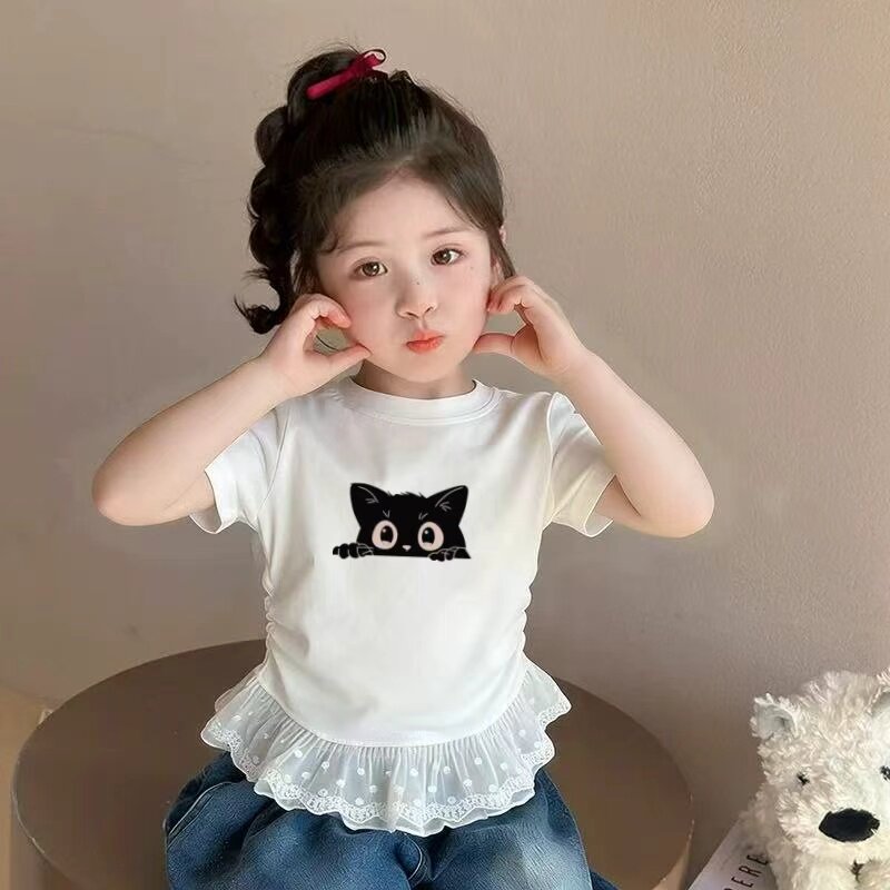 夏季女童卡通印花蕾丝短袖T恤