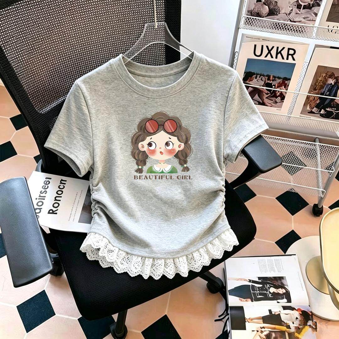 女童新款儿童洋气时髦短袖t恤夏季2026夏装大童女孩蕾丝花边上衣