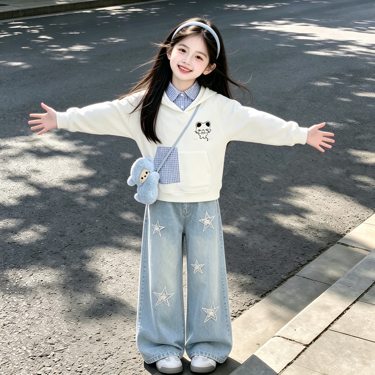 秋季初中生假两件卫衣牛仔套装