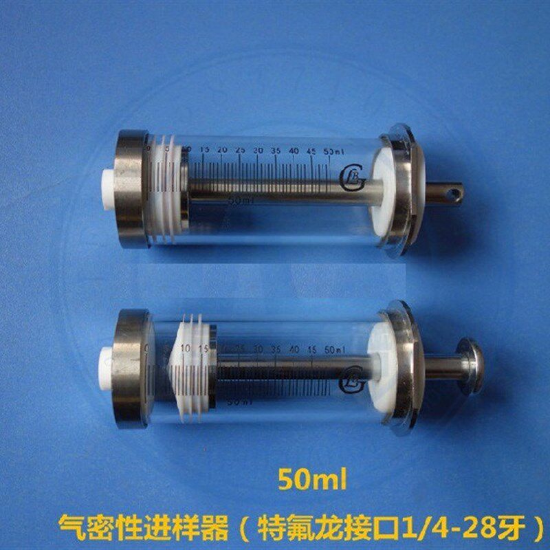 50ml特氟龙接口1/4-28牙针筒 气密性流体针筒 耐腐蚀玻璃针筒