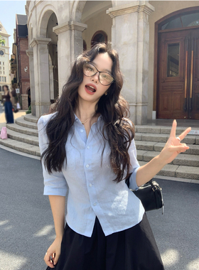 Maluona时髦知识分子 1OO亚麻中袖修身衬衫女气质通勤收腰衬衣