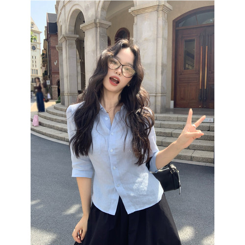 Maluona时髦知识分子 1OO亚麻中袖修身衬衫女气质通勤收腰衬衣