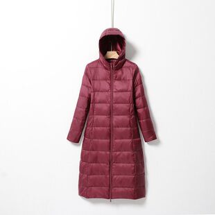 简约羽绒服纯色连帽外套中年妈妈日系装新款冬季保暖轻薄中长款