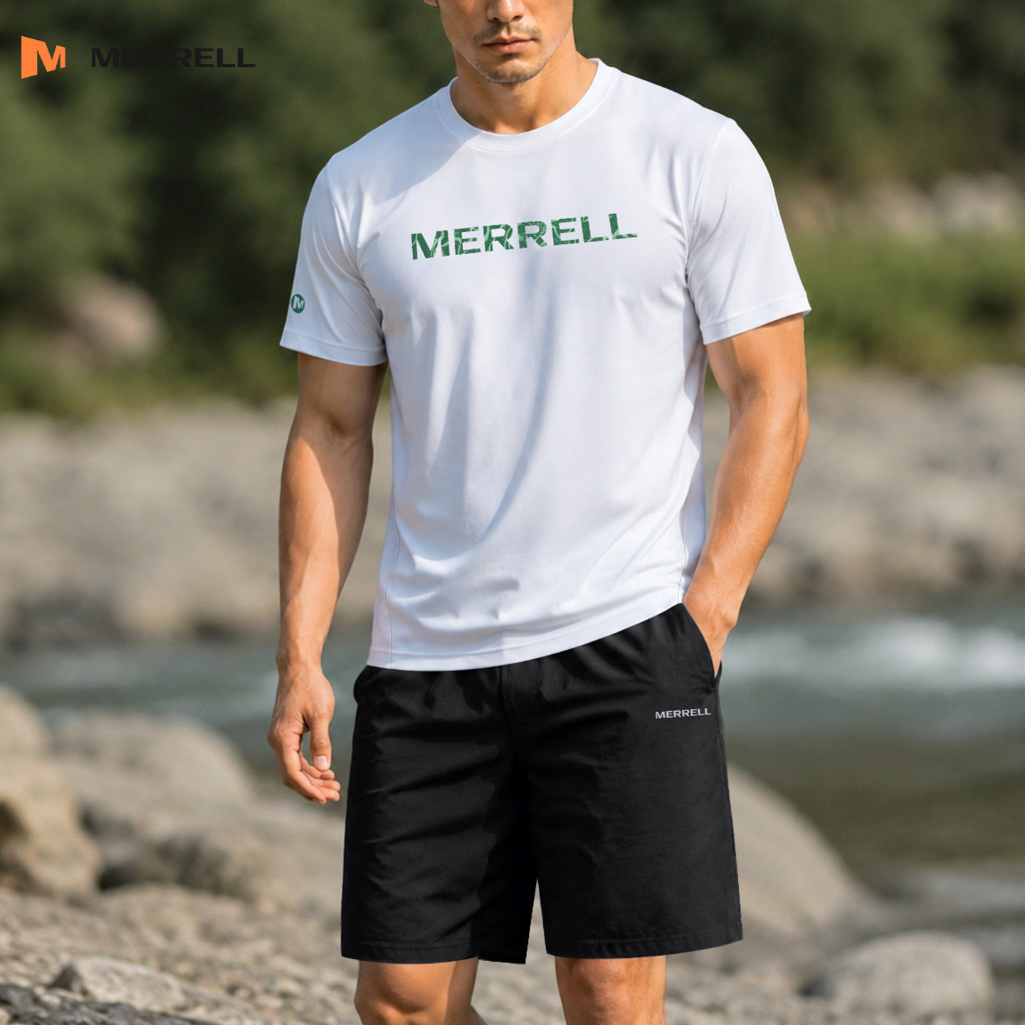 Merrell迈乐户外套装男夏季跑步宽松休闲套装速干运动服短袖短裤A