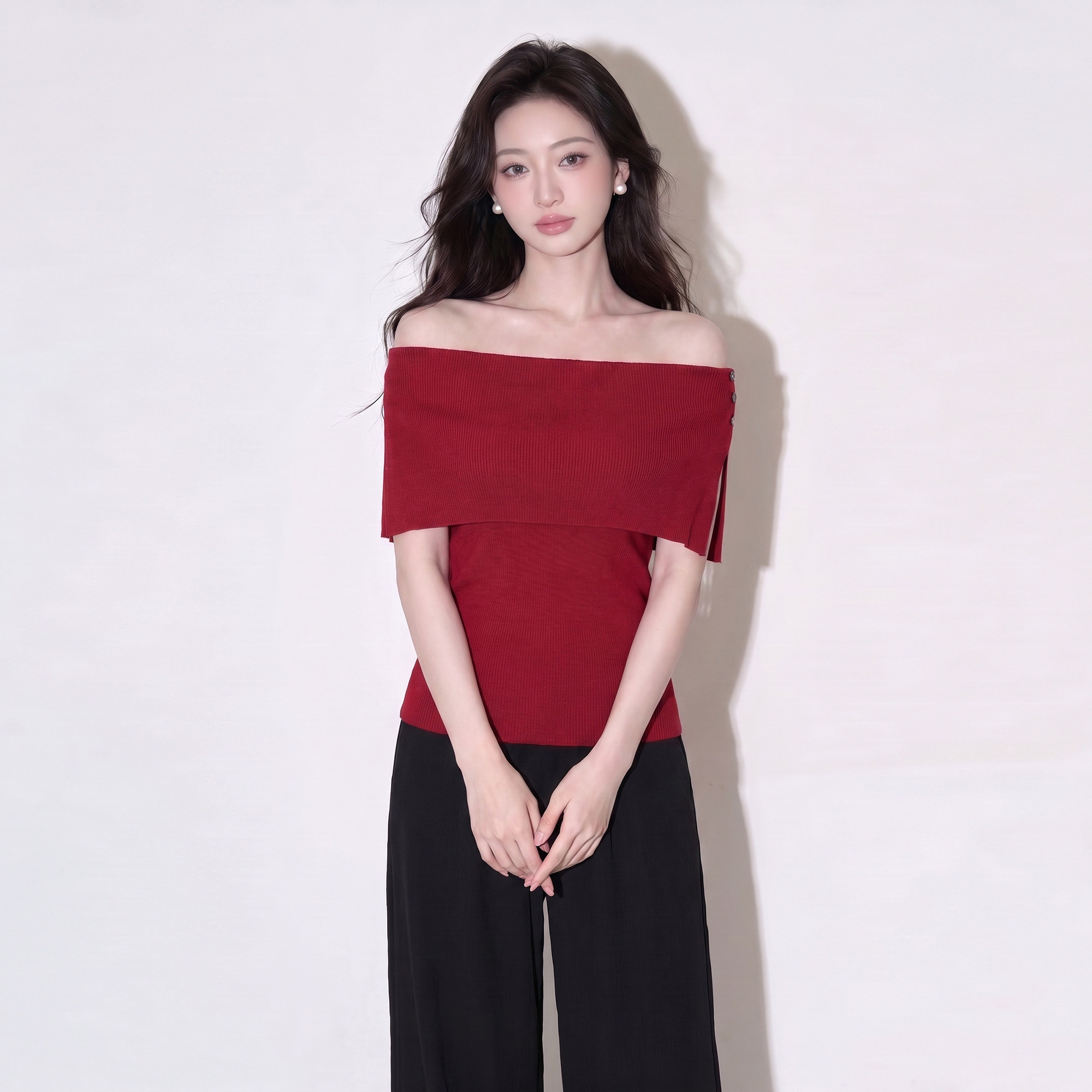 优雅露肩一字领修身显瘦针织衫披肩背心女夏酒红色气质天鹅颈上衣