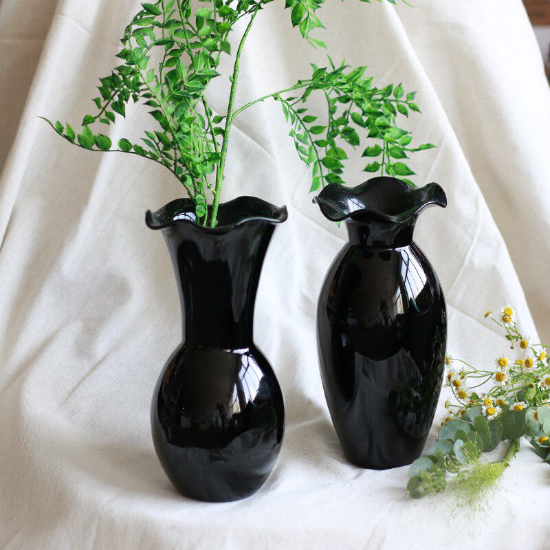 中古法式黑色玻璃花瓶边奢荷叶轻墨绿高级感客厅插花花桌水培餐瓶