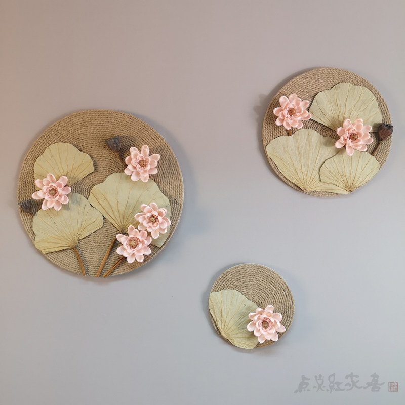 满月照青莲禅饰睡莲新中古玄关墙面装意复式怀旧家居壁饰麻绳花卉