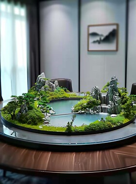 圆桌中间摆件苔藓沙盘工艺品包厢包间水景转盘花艺餐桌电动摆花