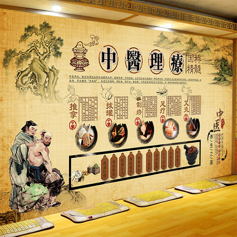 中医理疗墙纸中式养生疗背景墙装饰壁画推拿拔罐刮痧足馆艾炙壁纸