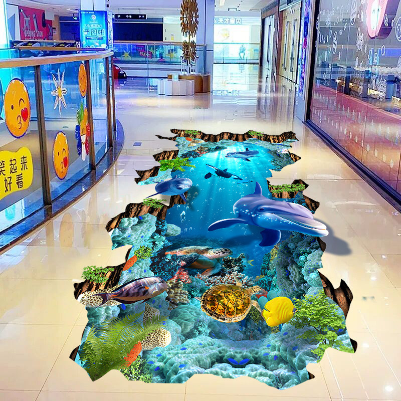 地画海豚海洋世客3d立体墙贴防水地板贴儿童房卧墙界厅室贴纸贴画