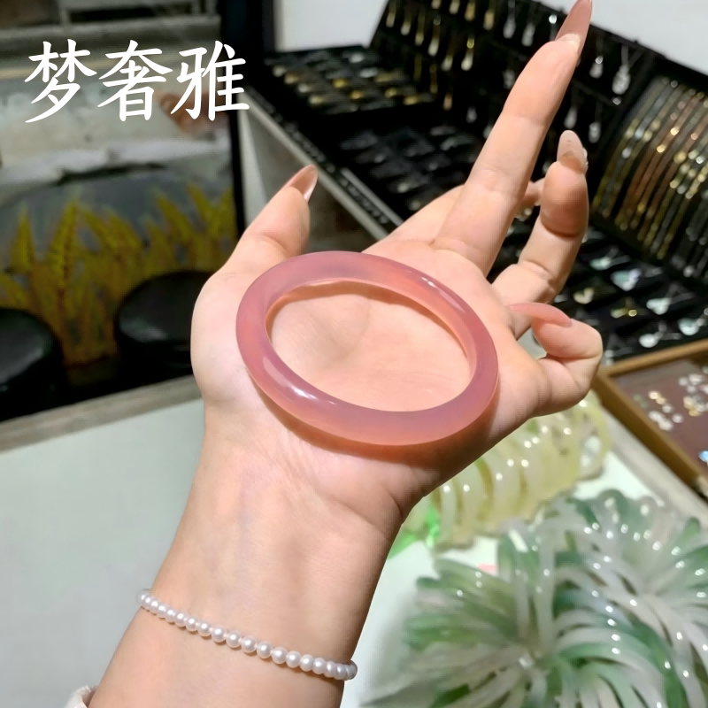 梦奢雅玉髓手镯少女粉高冰玉髓手镯天然粉玛瑙圆条女镯带证书送礼