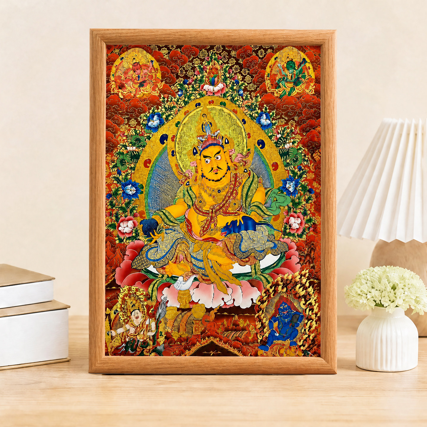 黄财神唐卡装饰画实木框藏传招财相框/画框