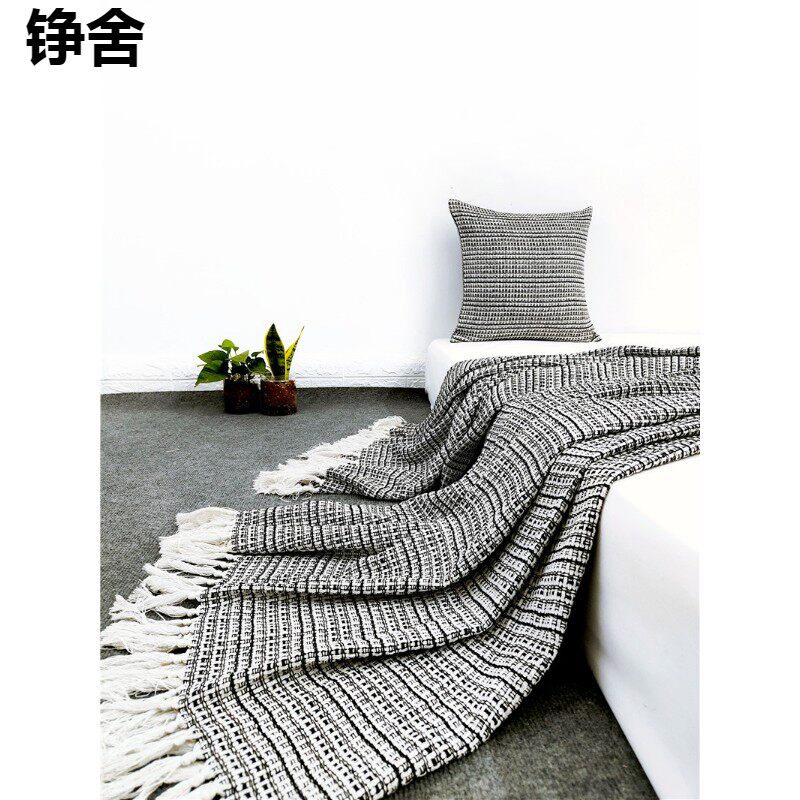床搭巾北欧现代轻奢黑白灰色美式沙发搭毯几何样板房床尾巾床尾毯