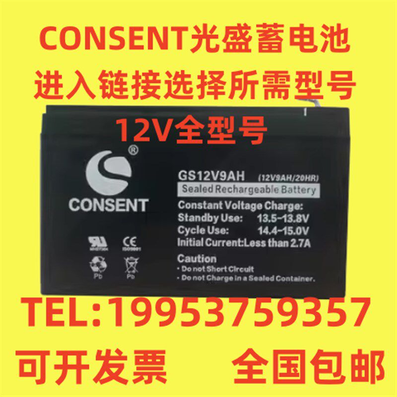 CONSENT光盛蓄电池GS-12V7A9A12A17A20A24A38A65A100AH消防/UPS