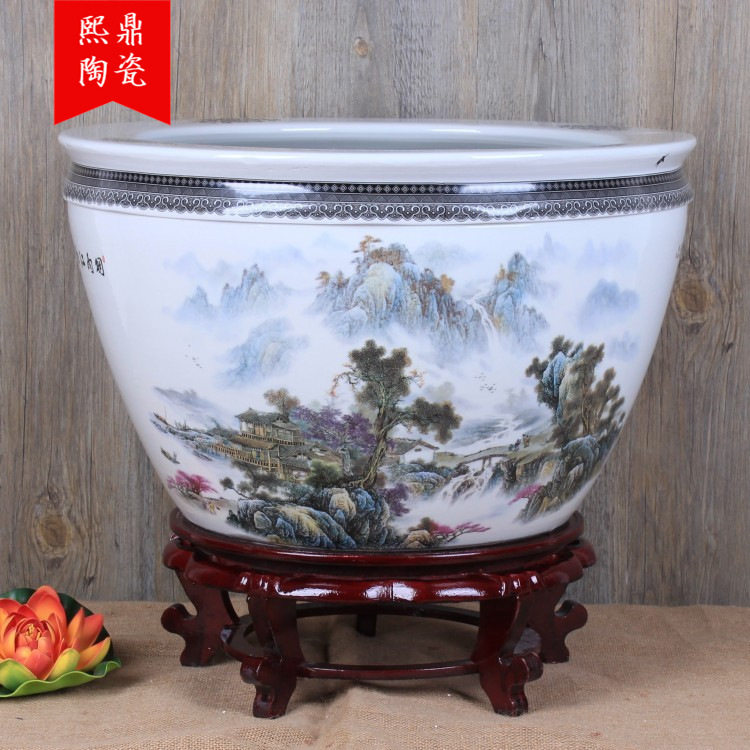 陶瓷大号鱼缸 釉上彩烟雨江南金鱼缸 水培植物缸 风水缸装饰摆件