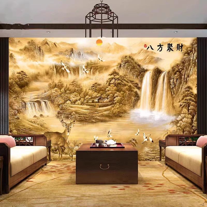 8d风雕客厅电视画壁财招纸浮景办公室墙纸中式意境山水沙发背墙布
