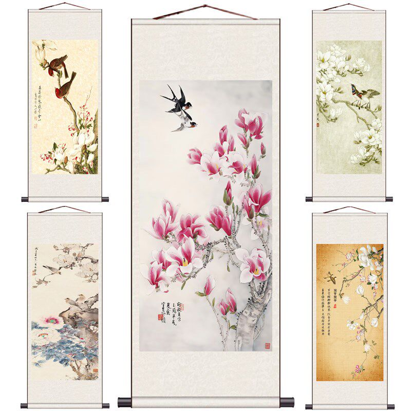 玉鸟花卷轴画兰花花宣画丝绸画绢画仿古画兰纸挂画装饰卷轴国画