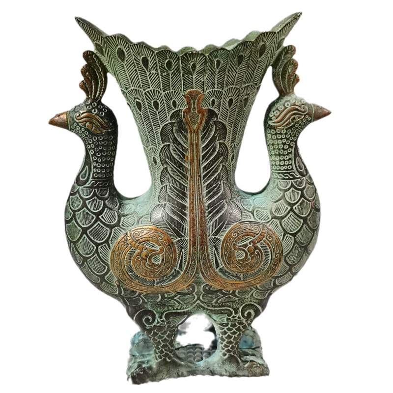 仿古青铜孔雀花鸟双凤尊瓶花瓶C居家客厅办公室桌面工艺品摆件