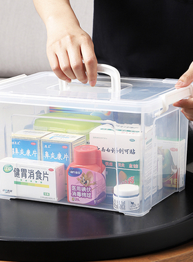 手提塑料收纳箱收纳家用透明新冠药物医药箱带盖杂物玩具整理箱