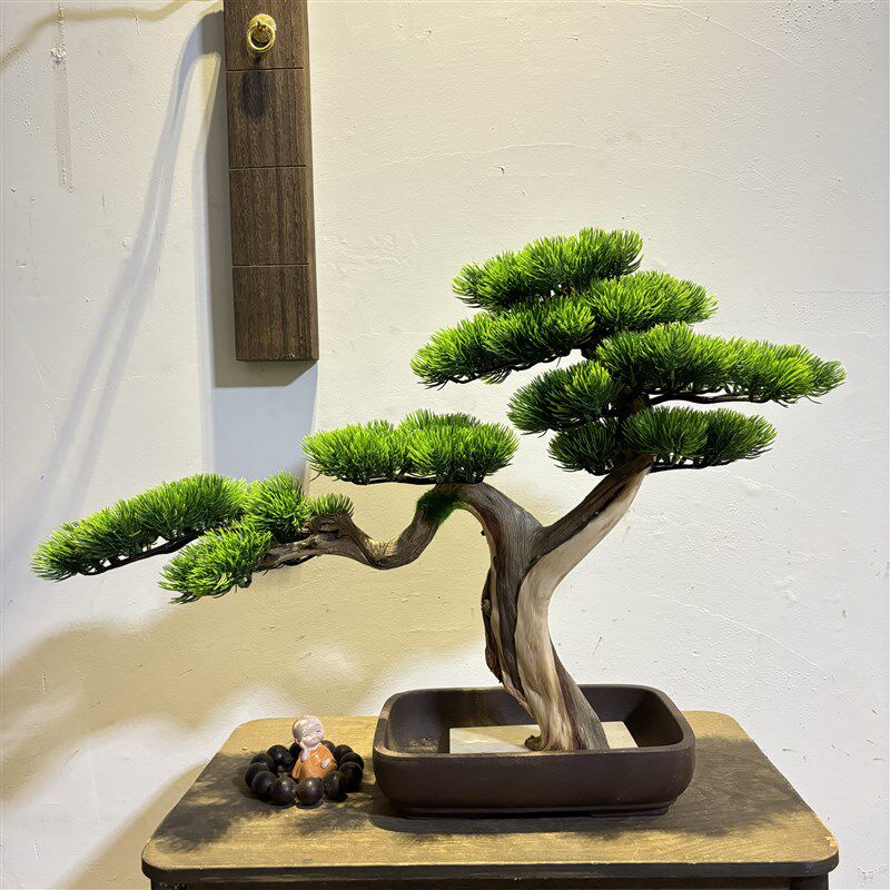 新老式高档崖柏松仿生仿真迎客松景桩绿植盆景家居客厅玄关造中树