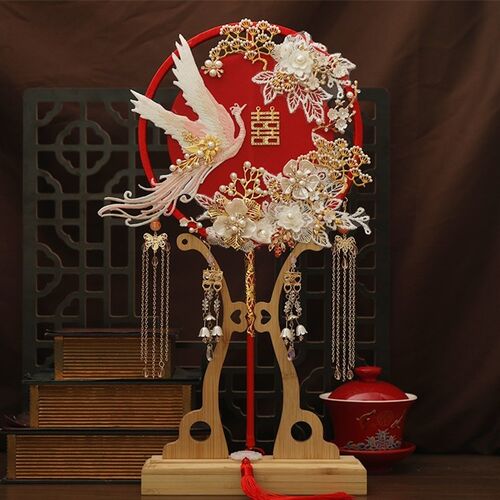 团扇新娘结婚手工diy材料包长柄中式秀禾喜扇高级婚礼重工婚扇子
