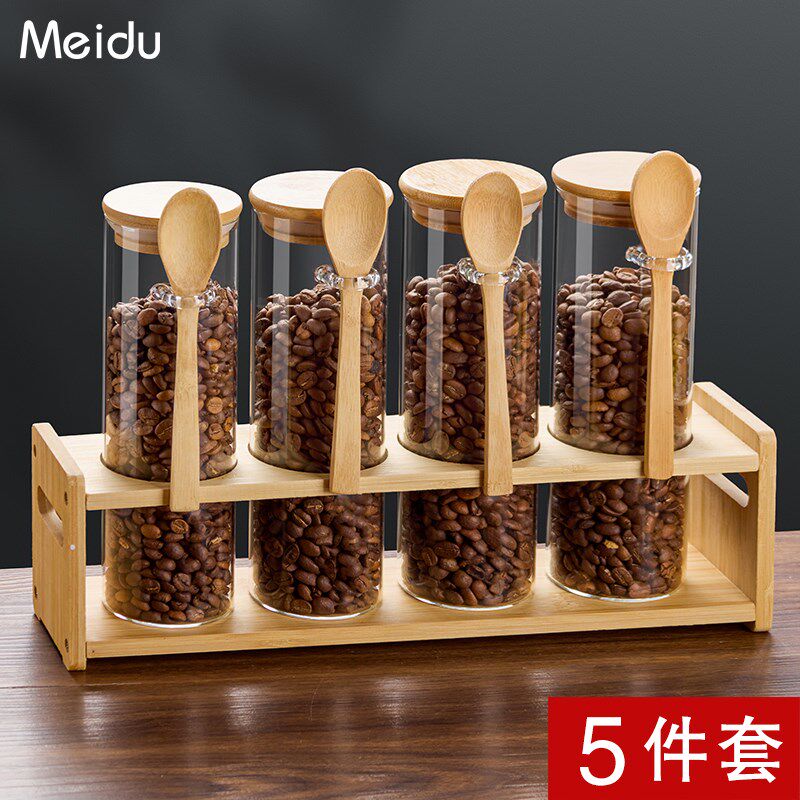 咖啡豆储勺罐家用咖啡豆分装瓶套装存璃密封罐带存咖啡粉保玻罐