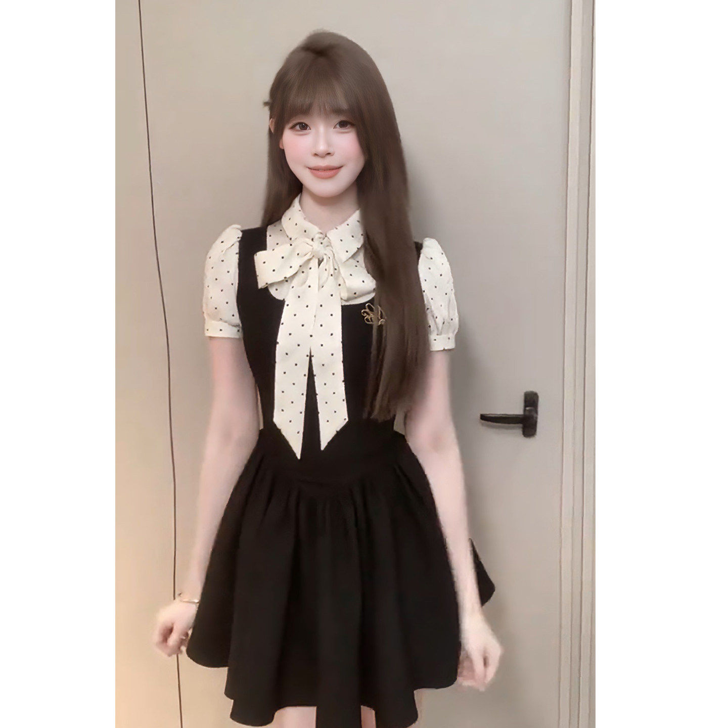 气质甜美蝴蝶结波点收腰连衣女夏miu系春夏绝美小个子蓬蓬显瘦