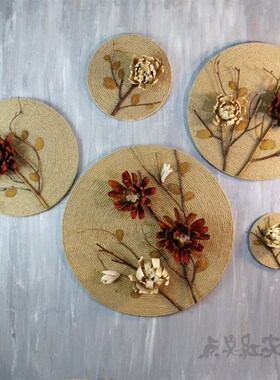 花好月圆麻绳圆形手工装饰画东南亚家居壁饰挂件干花怀旧玄关墙饰